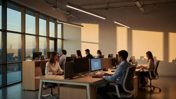 Team working at shared desks in a sunlit office